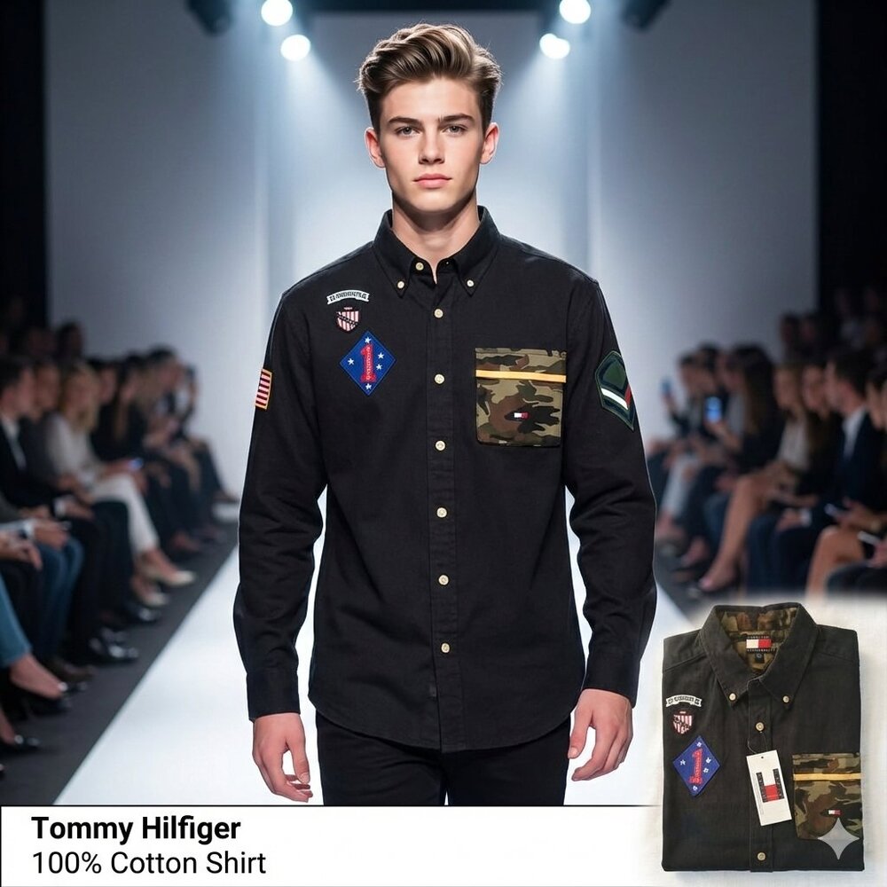 NWT Tommy Hilfiger Classic Boy L Button Premium Shirt Logo Patched Pocket Cotton